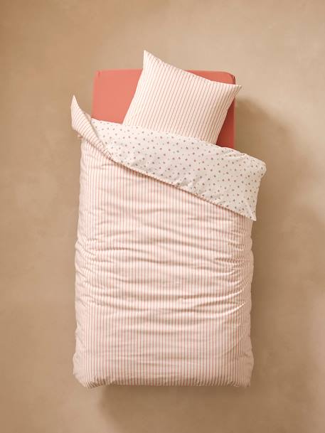 Parure housse de couette et taie d'oreiller réversible FLEURS RAYURES, avec coton recyclé rose imprimé 7 - vertbaudet enfant 