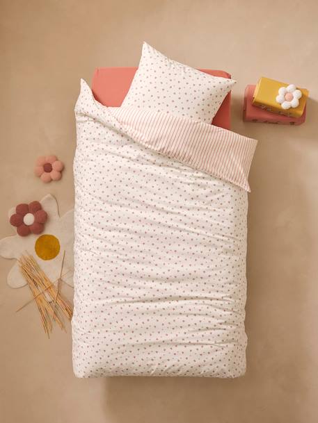 Pack housse de couette + taie d'oreiller essentiels Réversible FLEURS RAYURES, avec coton recyclé rose imprimé 1 - vertbaudet enfant 