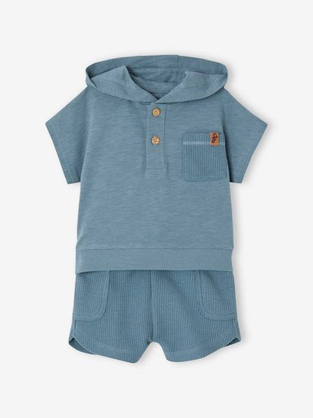 Ensemble bébé T-shirt à capuche et short en nid d'abeille bleu canard 1 - vertbaudet enfant 