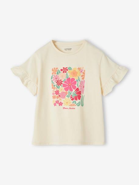 Tee-shirt fantaisie fleurs en cochet fille manches à volants écru 1 - vertbaudet enfant 