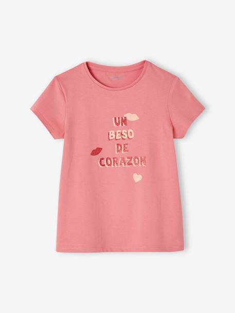 Tee-shirt à message Basics fille bleu ciel+bleu pâle+corail+fraise+marine+rose bonbon+rouge+vanille+vert sapin 14 - vertbaudet enfant 