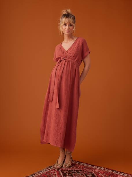 Robe longue grossesse effet cache-coeur en gaze de coton argile+beige+marine+terracotta 24 - vertbaudet enfant 