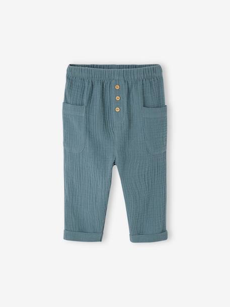 Pantalon bébé en gaze de coton beige bois+bleu canard 5 - vertbaudet enfant 