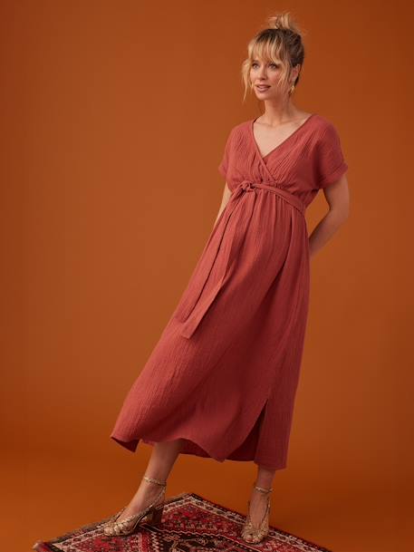 Robe longue grossesse effet cache-coeur en gaze de coton argile+beige+marine+terracotta 20 - vertbaudet enfant 