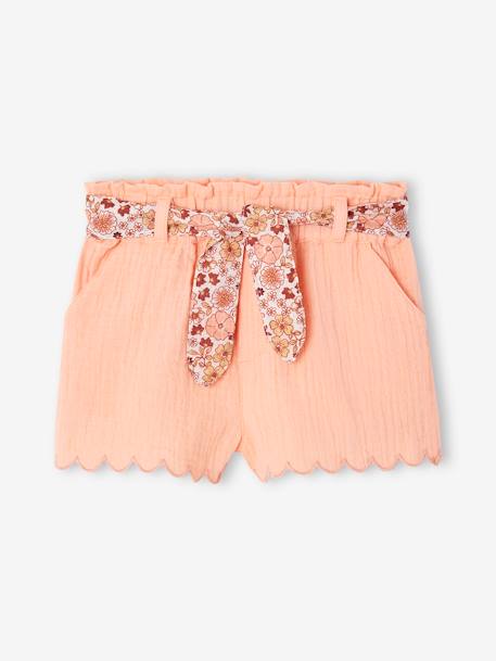 Short bébé fille en gaze de coton ceinture imprimée abricot+écru+rose bonbon 1 - vertbaudet enfant 