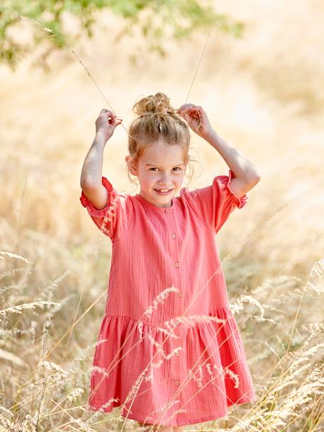 Robe boutonnée en gaze de coton rouge 2 - vertbaudet enfant 