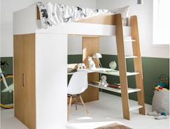 Chambre et rangement-Chambre-Lit bébé, lit enfant-Lit mezzanine avec armoire et bureau OPUS - Blanc/Bois