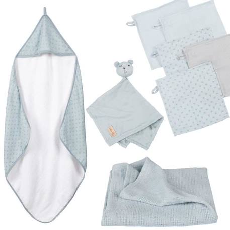 Bébé-ROBA Coffret Bébé Lil Planet - 8 PCS - 1 Cape de Bain + 5 Gants de Toilette + 1 Doudou + 1 Couverture - Bleu clair / Gris