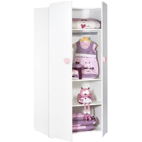 Armoire bébé Basic - MDF - Blanc - 2 portes - Bouton cœur rose - 85 x 175 x 56 cm - BABY PRICE BLANC 3 - vertbaudet enfant 