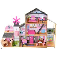 Jouet-Poupons et poupées-KidKraft - Maison de poupée "Windmill Elevator" en bois, 2-en-1 grange et moulin avec 25 accessoires inclus