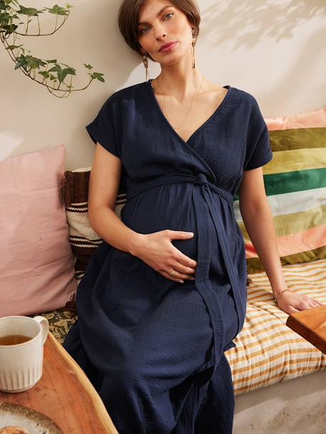 Robe longue grossesse effet cache-coeur en gaze de coton argile+beige+marine+terracotta 17 - vertbaudet enfant 