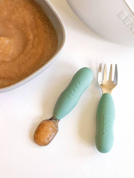 Lot de 2 pré-couverts d'apprentissage 2e âge en inox et silicone beige imprimé+Sage green+Velvet grey 7 - vertbaudet enfant 