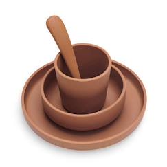 Puériculture-Repas-Coffret de table bébé Silicone Caramel (4pcs) - Set vaisselle - Assiette Verre Couverts