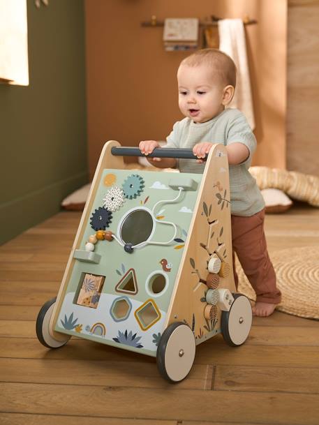 Chariot de marche avec freins en bois FSC® bois+rose+Vert 4 - vertbaudet enfant 