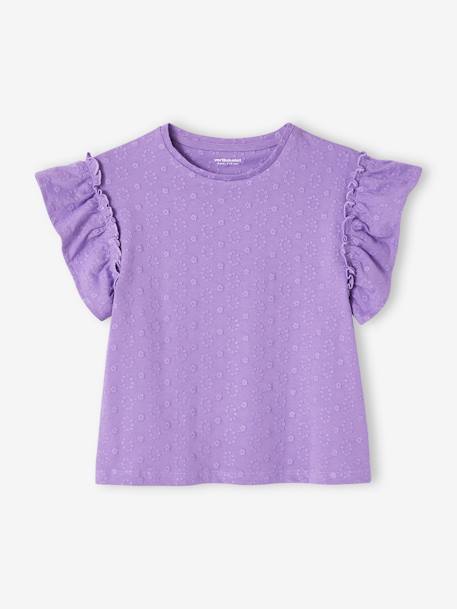 Tee-shirt brodé fleurs fille manches à volant violet 2 - vertbaudet enfant 