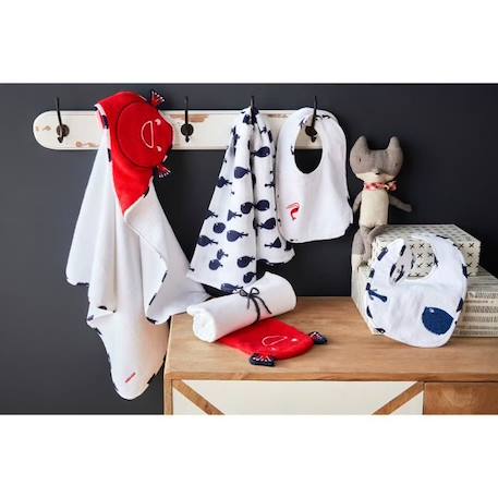 Cape de bain bébé CATIMINI Créative Côtier - 100% Coton - Blanc et Rouge - 80x80 cm + Gant de toilette 15x21 cm BLANC 4 - vertbaudet enfant 