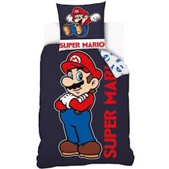 Linge de maison et décoration-MARIO - Housse de couette Super Mario 140x200 cm + 1 Taie D'Oreiller 63x63 cm - 100% Coton - Bleu Marine