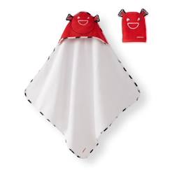 Linge de maison et décoration-Cape de bain bébé CATIMINI Créative Côtier - 100% Coton - Blanc et Rouge - 80x80 cm + Gant de toilette 15x21 cm