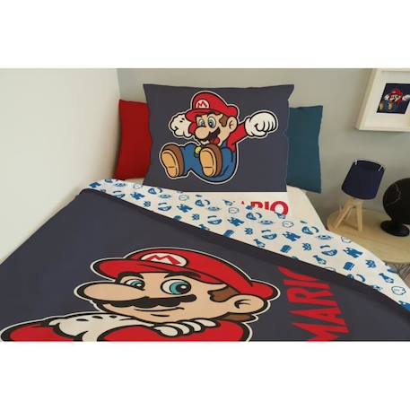 MARIO - Housse de couette Super Mario 140x200 cm + 1 Taie D'Oreiller 63x63 cm - 100% Coton - Bleu Marine BLEU 4 - vertbaudet enfant 