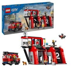 -LEGO® 60414 City La Caserne et le Camion de Pompiers, Jouet de Figurine de Chien et 5 Minifigurines, Cadeau Enfants