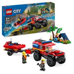 Jouet-LEGO® 60412 City Le Camion de Pompiers 4x4 et le Canot de Sauvetage, Jouet avec Bateau, Remorque et Minifigurines
