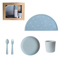 Puériculture-Coffret cadeau Repas Powder Blue - Couverts - Assiette - Verre - Set de table - Vaisselle bébé et enfants - Mushie