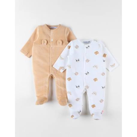 Bébé-Ensemble de 2 pyjamas 1 pièce en velours écru/abricot