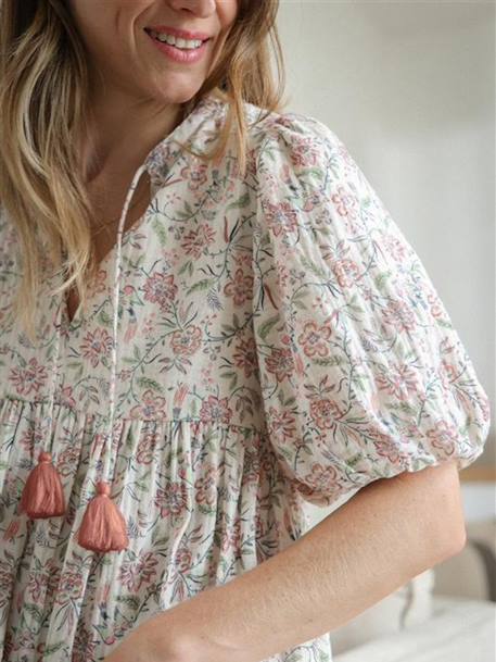 Robe Bébé Fille En Gaze De Coton - Imprimé Fleuri - Manches Longues - Boutonnage Dos - Vertbaudet