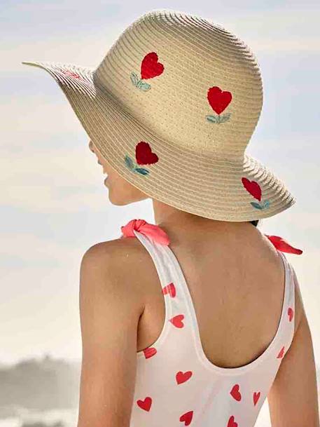 Fille-Accessoires-Chapeau-Chapeau forme capeline aspect paille à coeurs fille