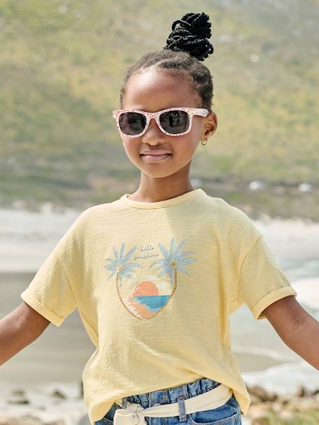 Tee-shirt maille reliéfée imprimé fille corail+jaune pastel 4 - vertbaudet enfant 