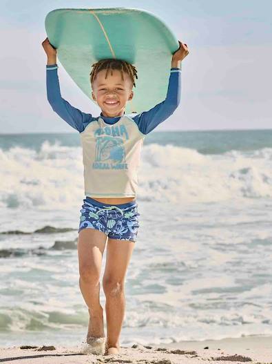 Ensemble De Bain Anti-UV Vertbaudet Garçon - T-Shirt + Boxer Rayé - Bleu Azur Taille 6A - 80% Polyamide