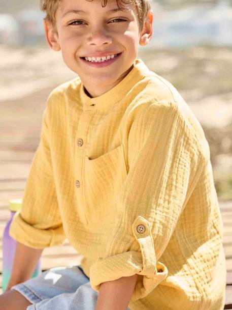 Chemise en gaze de coton personnalisable garçon manches retroussables Bleu moyen+écru+jaune+vert 14 - vertbaudet enfant 
