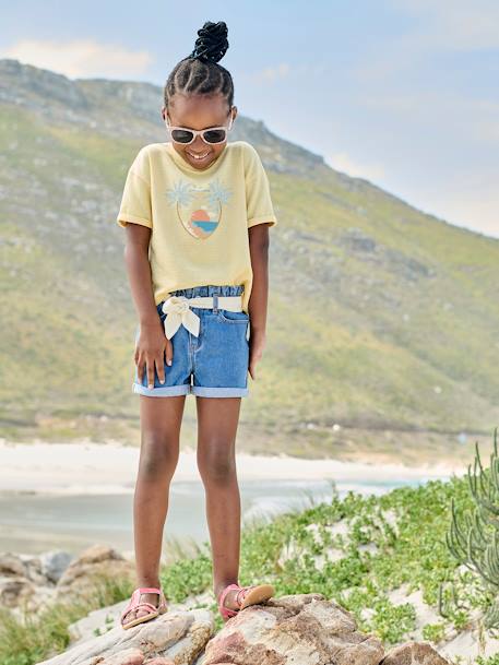 Tee-shirt maille reliéfée imprimé fille corail+jaune pastel 8 - vertbaudet enfant 
