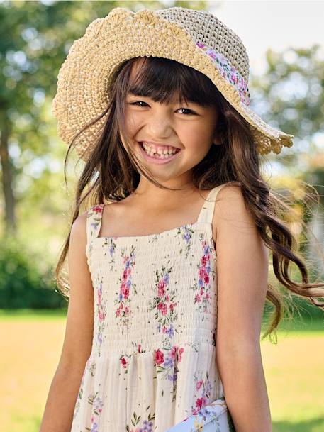 Chapeau aspect paille effet crochet avec ruban imprimé fille rose pâle 1 - vertbaudet enfant 