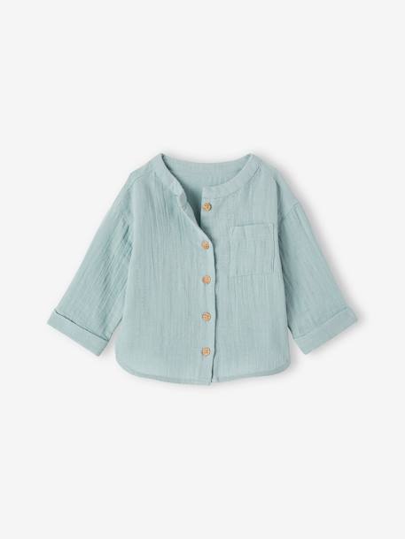 Chemise col mao bébé en gaze de coton personnalisable bleu grisé+caramel+vert foncé 1 - vertbaudet enfant 