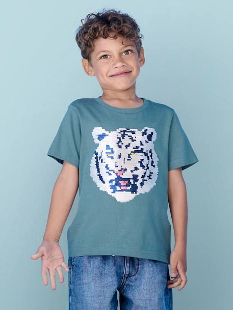 Tee-shirt garçon motif à sequins réversibles blanc+bleu nuit+bleu océan+écru+vert d'eau 28 - vertbaudet enfant 