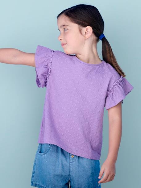 Tee-shirt brodé fleurs fille manches à volant violet 1 - vertbaudet enfant 