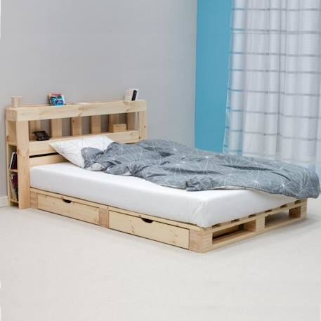 Lit palette avec tête de lit en pin coloris naturel 140x200 Siméon BEIGE 1 - vertbaudet enfant 