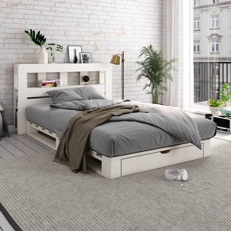 Lit palette avec tête de lit en pin blanc 120x200 Siméon BLANC 1 - vertbaudet enfant 
