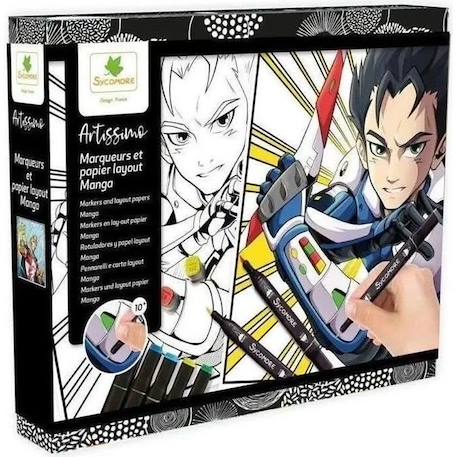 Coffret créatif manga garçon - Sycomore - 10 papiers layout imprimés avec 8 marqueurs NOIR 1 - vertbaudet enfant 