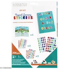 Jouet-Sodertex - Pack de 206 Stickers Repositionnables Chiffres et Lettres - 17x22cm - Assortiment de Couleurs