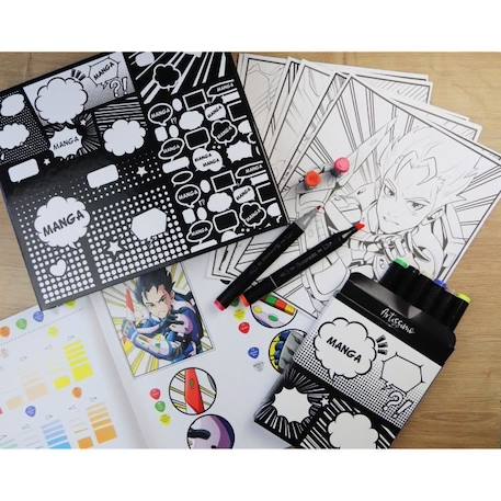 Coffret créatif manga garçon - Sycomore - 10 papiers layout imprimés avec 8 marqueurs NOIR 2 - vertbaudet enfant 