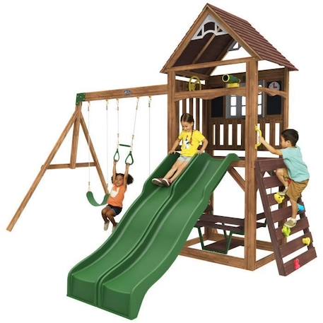 KidKraft - Aire de jeux en bois Lindale avec toboggans, balançoires, mur escalade - FSC MARRON 6 - vertbaudet enfant 