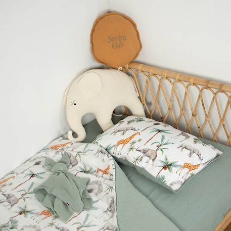 Sevira Kids - Taie d'oreiller en coton réversible Safari - Vert de gris - 60 x 40 cm MULTICOLORE 2 - vertbaudet enfant 