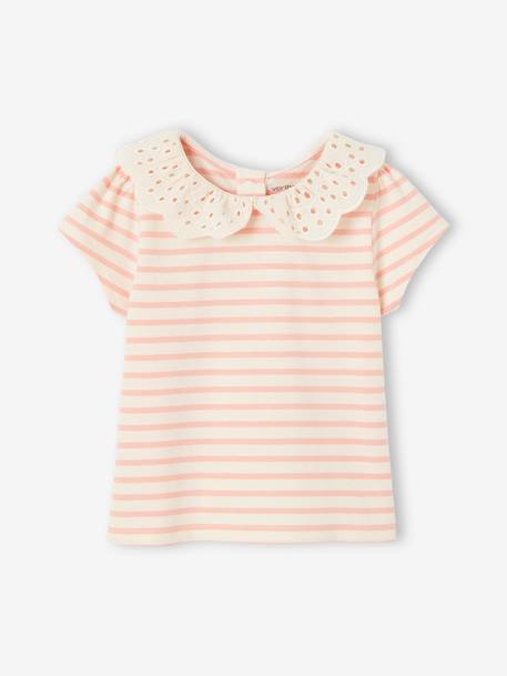 Bébé-T-shirt, sous-pull-Tee-shirt rayé bébé fille col en broderie anglaise