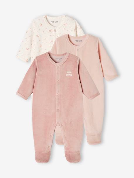 Lot de 3 pyjamas bébé mixte en velours ouverture naissance lot bois de rose+Lot jaune d'or+Lot vert d'eau 1 - vertbaudet enfant 