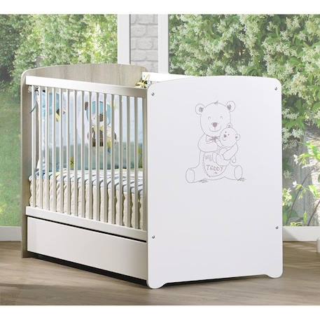Lit bébé - 120 x 60 cm - Babyprice Teddy - Sérigraphié ours - En bois blanc BLANC 2 - vertbaudet enfant 
