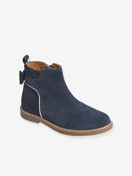 Boots enfant fille cuir zippées noeud fantaisie BLEU FONCE UNI+noir imprimé 1 - vertbaudet enfant 