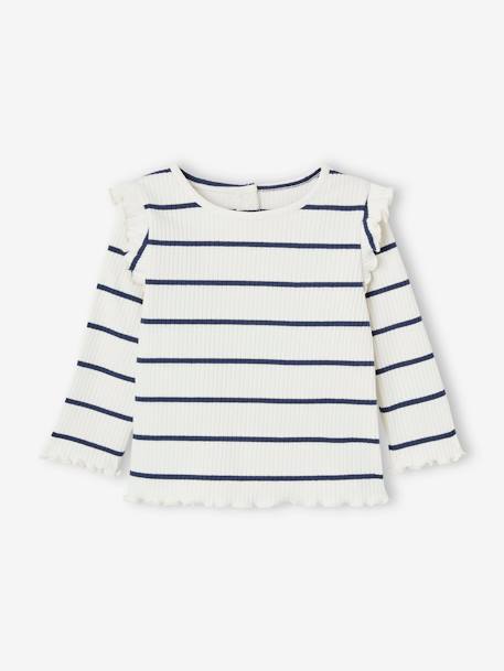 T-shirt en côtes manches volantées bébé fille écru+rose poudré 1 - vertbaudet enfant 