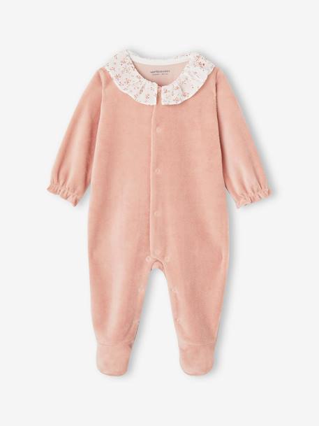 Pyjama bébé fille velours collerette imprimée rose poudré 1 - vertbaudet enfant 